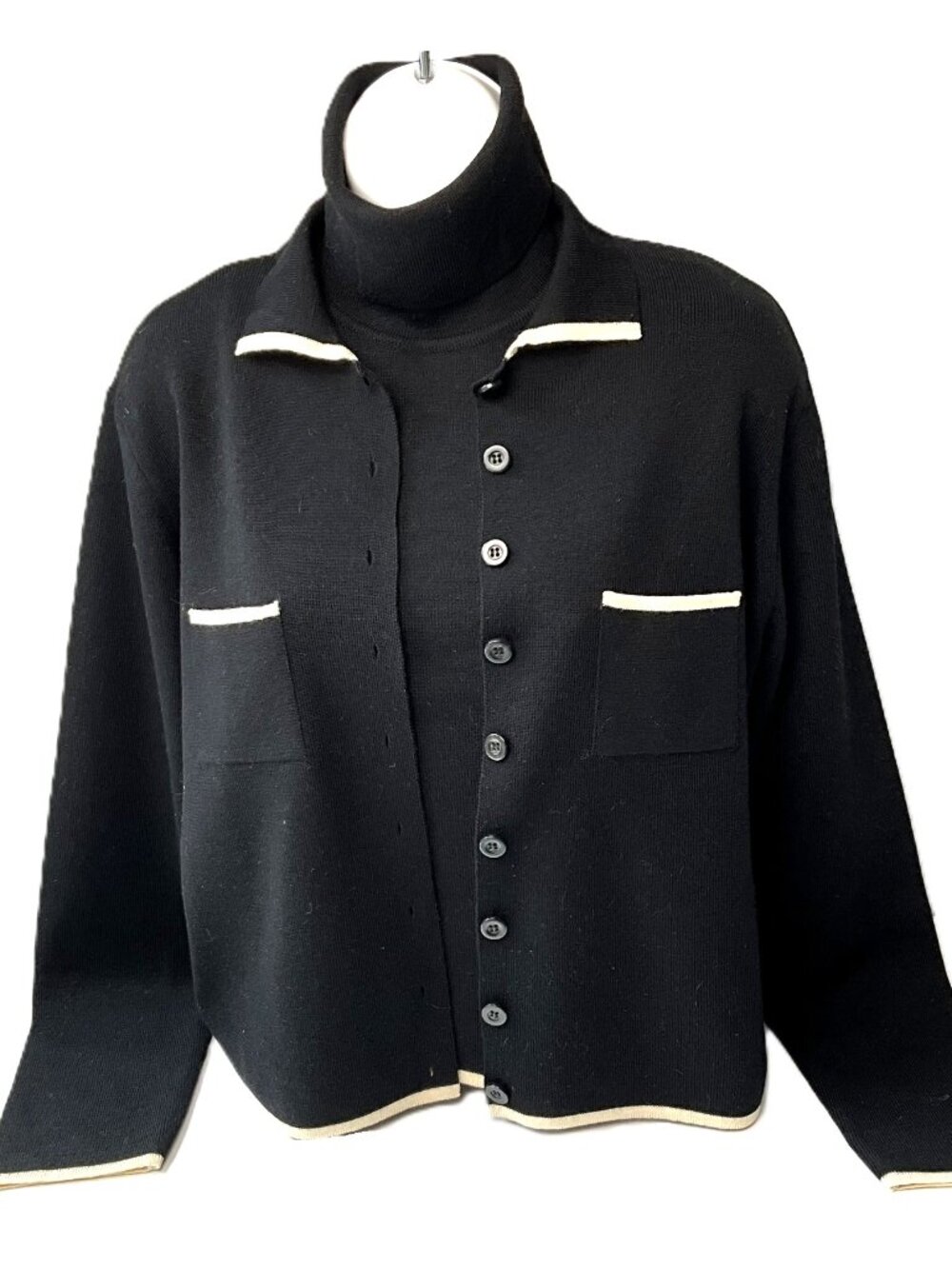 Laurel Pure New Wool Twin Set Black Cardigan&Sleeveless Turtleneck 2 pc Size 34